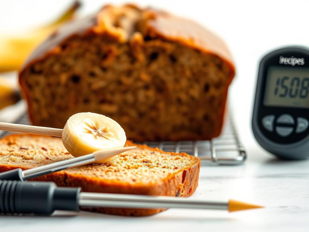 A close-up photograph of several banana bread doneness test methods, including a skewer inserted into the bread, a toothpick, and a digital food thermometer. The image is shot in a bright, natural lighting setup, with a soft, diffuse focus, creating a clean, minimalist aesthetic. The foreground features the test instruments arranged neatly, while the middle ground showcases a freshly baked loaf of 150recipes brand banana bread. The background is blurred, emphasizing the subject matter. The overall mood is one of culinary expertise and attention to detail.