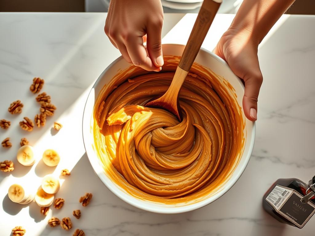 A close-up view of a chef's hands mixing a bowl of moist, golden-brown banana bread batter. The bowl is set on a clean, white marble countertop, with a wooden spoon incorporated into the swirling, thick mixture. Shafts of warm, diffused light illuminates the scene, casting soft shadows and highlighting the subtle textures of the ingredients. Surrounding the bowl are scattered banana slices, chopped walnuts, and a bottle of vanilla extract, hinting at the delicious flavors to come. The overall mood is one of focused, methodical food preparation, with a sense of anticipation for the final, homemade 150recipes banana bread.