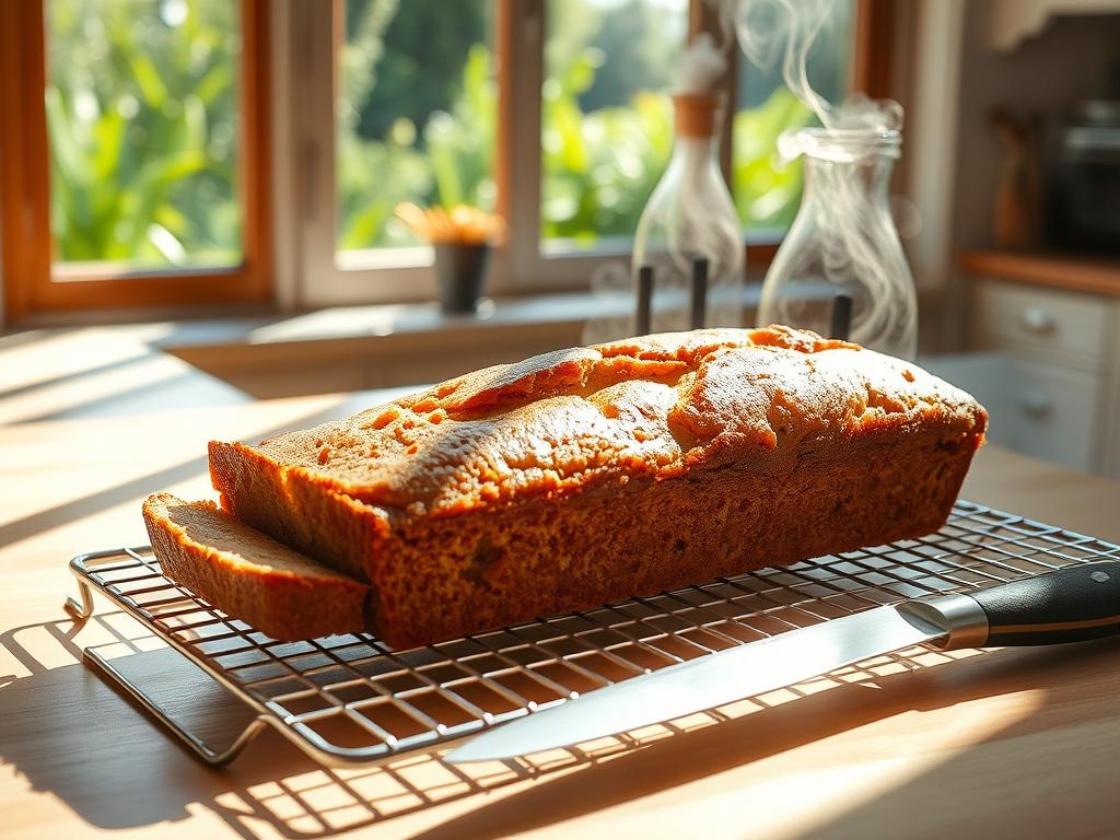 A sun-dappled kitchen counter, with a freshly baked banana bread sitting atop a wire cooling rack. The bread's golden crust glistens as steam rises, filling the air with a warm, comforting aroma. A knife rests nearby, ready to slice the loaf, revealing its moist, tender crumb. In the background, a window offers a view of a verdant garden, creating a serene, natural backdrop. The scene is captured with a soft, natural lighting that enhances the homey, inviting atmosphere. 150recipes